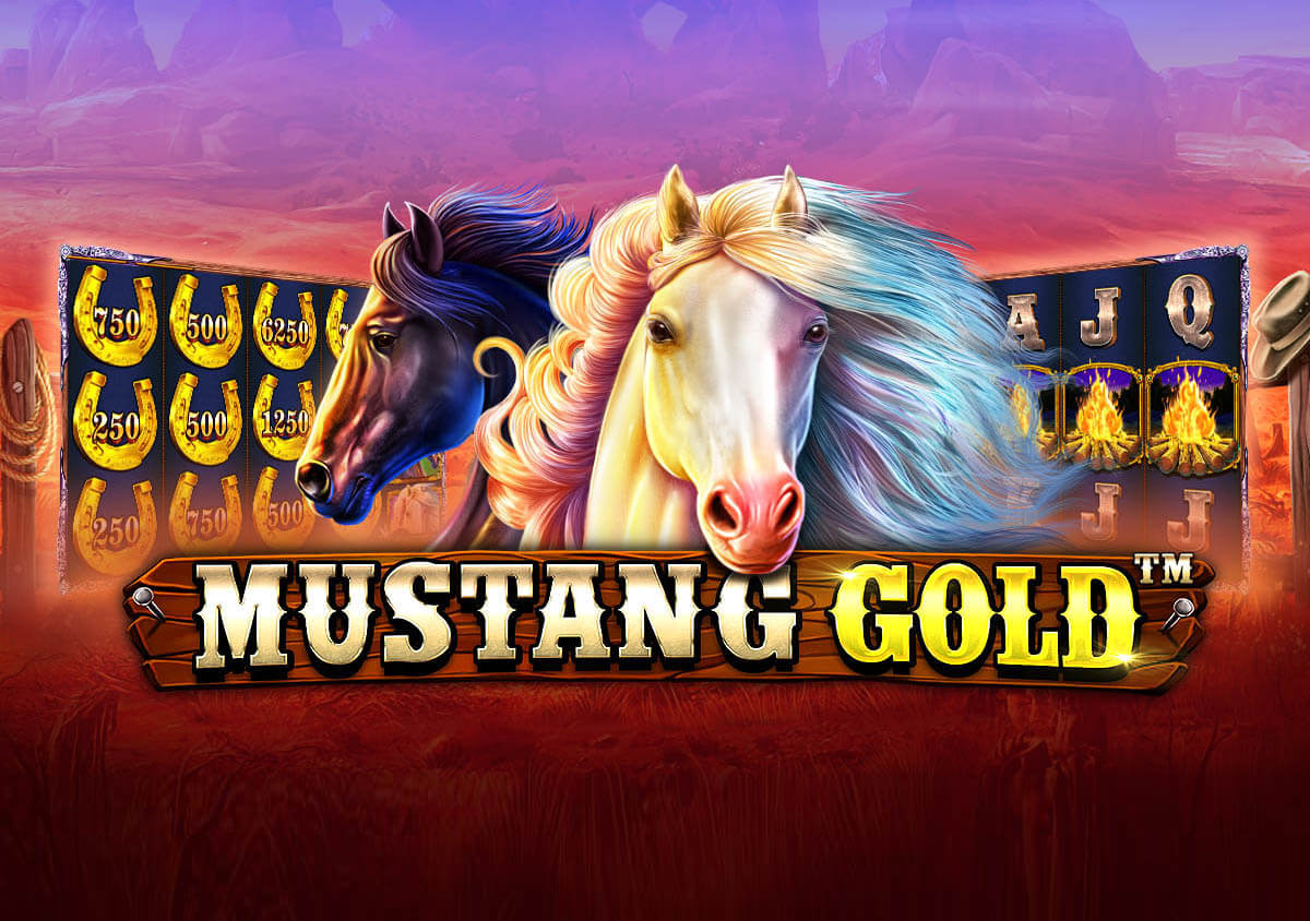 The logo of Mustang Gold, an online slot the free demo of which you can play for free on top-fun-games.com, featuring two horses